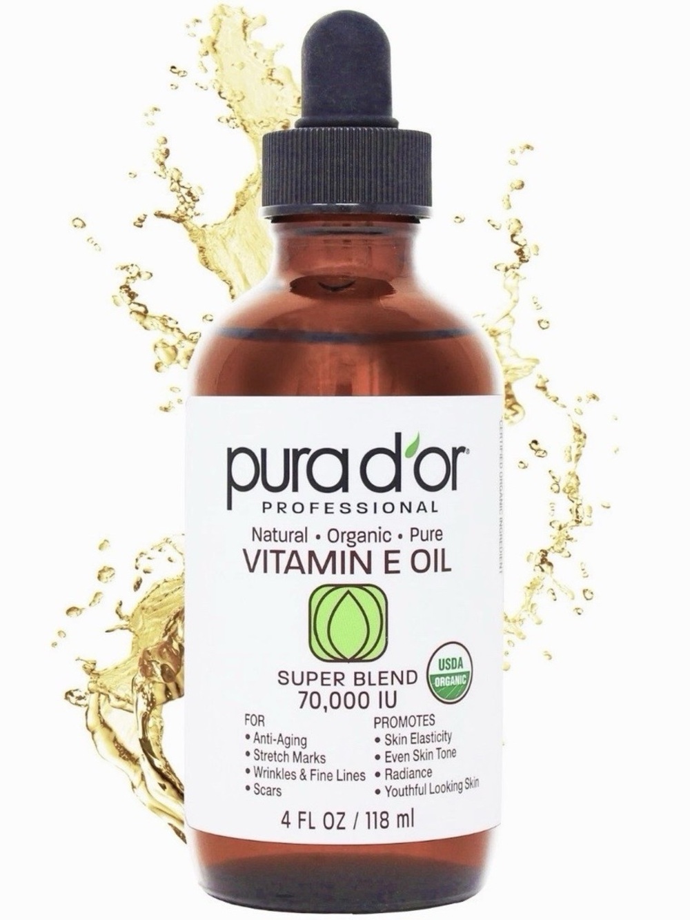PURA D'OR Professional Organic VITAMIN E OIL Super Blend 70,000 IU, 4 OZ - NWT